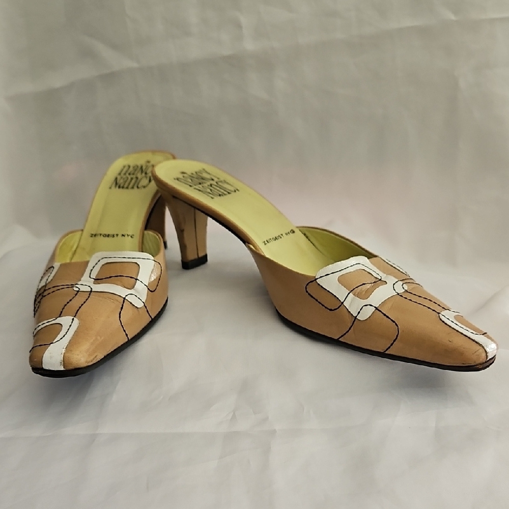 Elegant Tan and White Slip On Heels